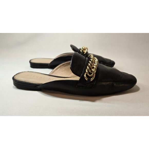 Gianni Bini Black Flat Mule Slip-On Gold Chain Sz 7 Leather Embellished Career - Picture 1 of 10